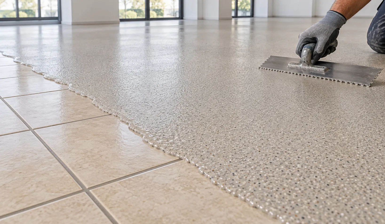 Installer spreading epoxy color sand over existing tiles with visible grout joints using a notched trowel.