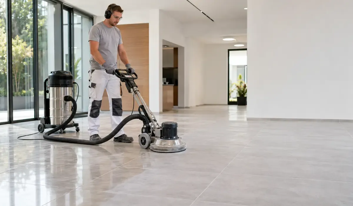 Professional installer mechanically abrading an existing tile floor with a dust-controlled floor grinder before applying epoxy color sand.