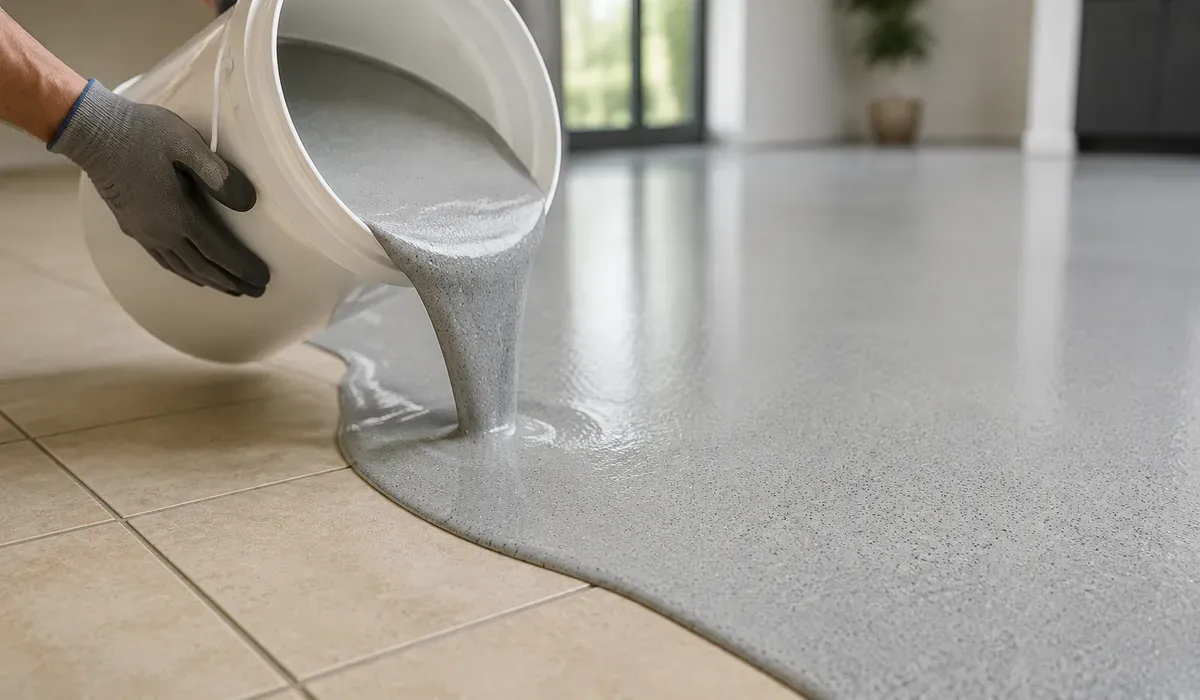 Marble-gray epoxy color sand self-leveling material poured directly over existing tiles
