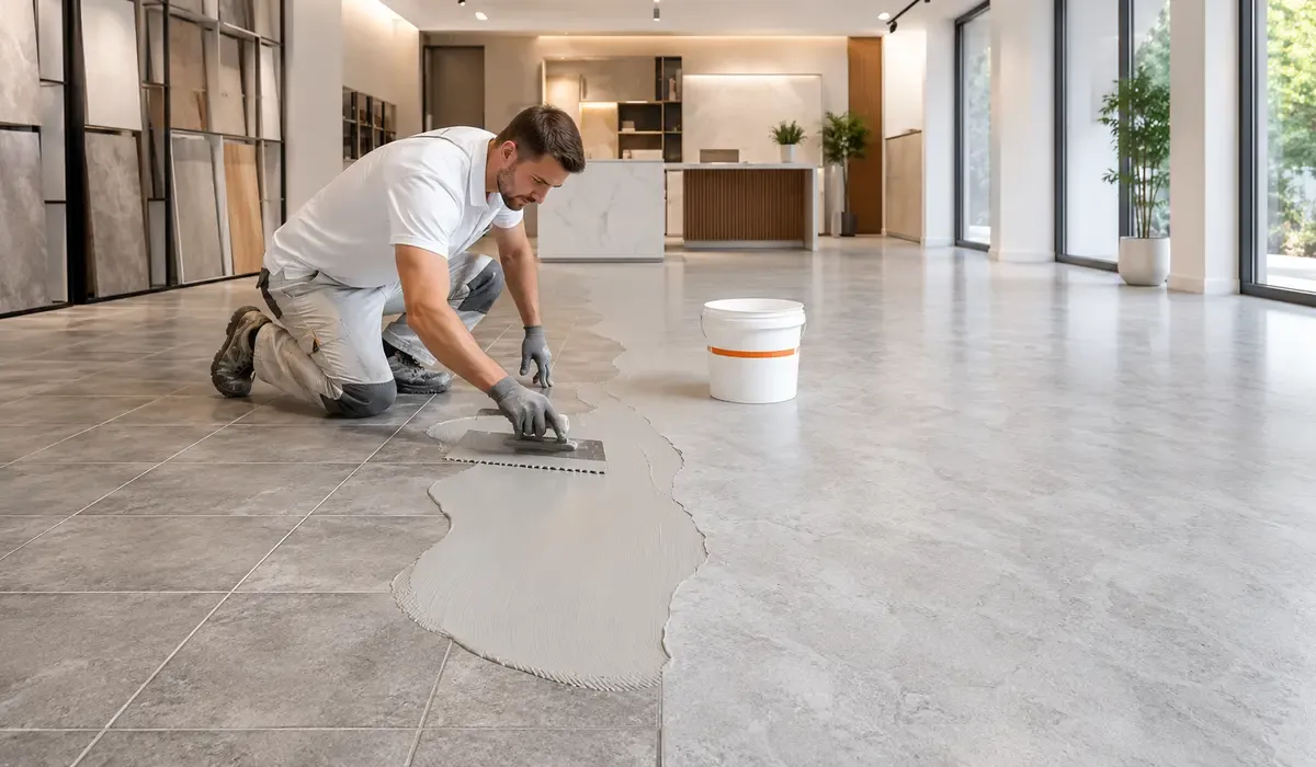 Zero-demolition epoxy flooring applied directly over existing tiles for e-commerce sellers