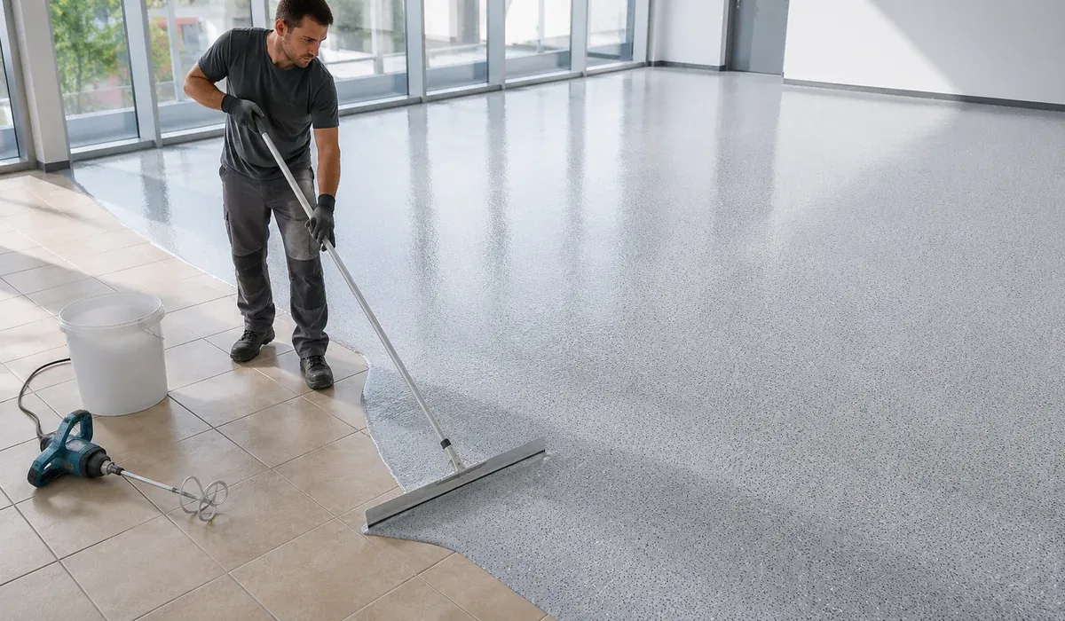 Installer spreading mixed epoxy color sand over existing tiles with a long-handled squeegee