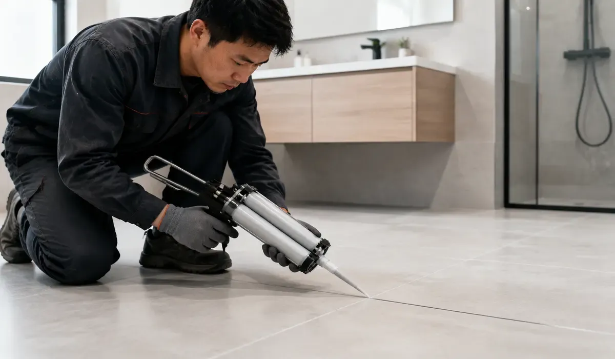 Chinese installer applying two-component epoxy grout to bathroom floor tile joints
