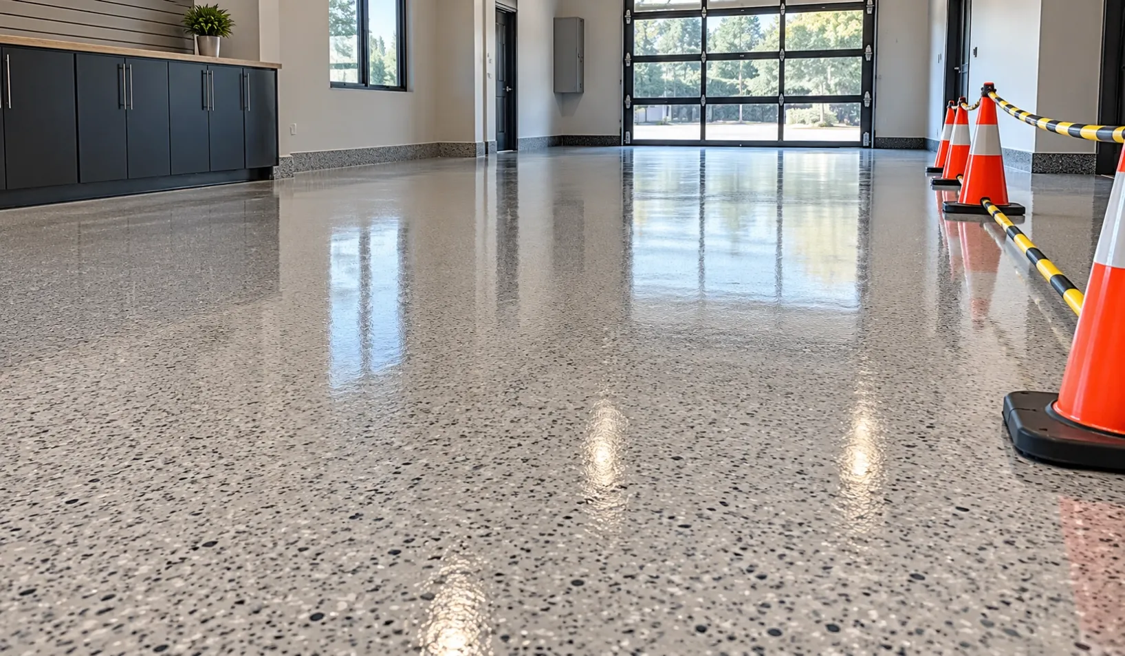 Freshly applied epoxy color sand flooring curing in a garage with safety cones and restricted access