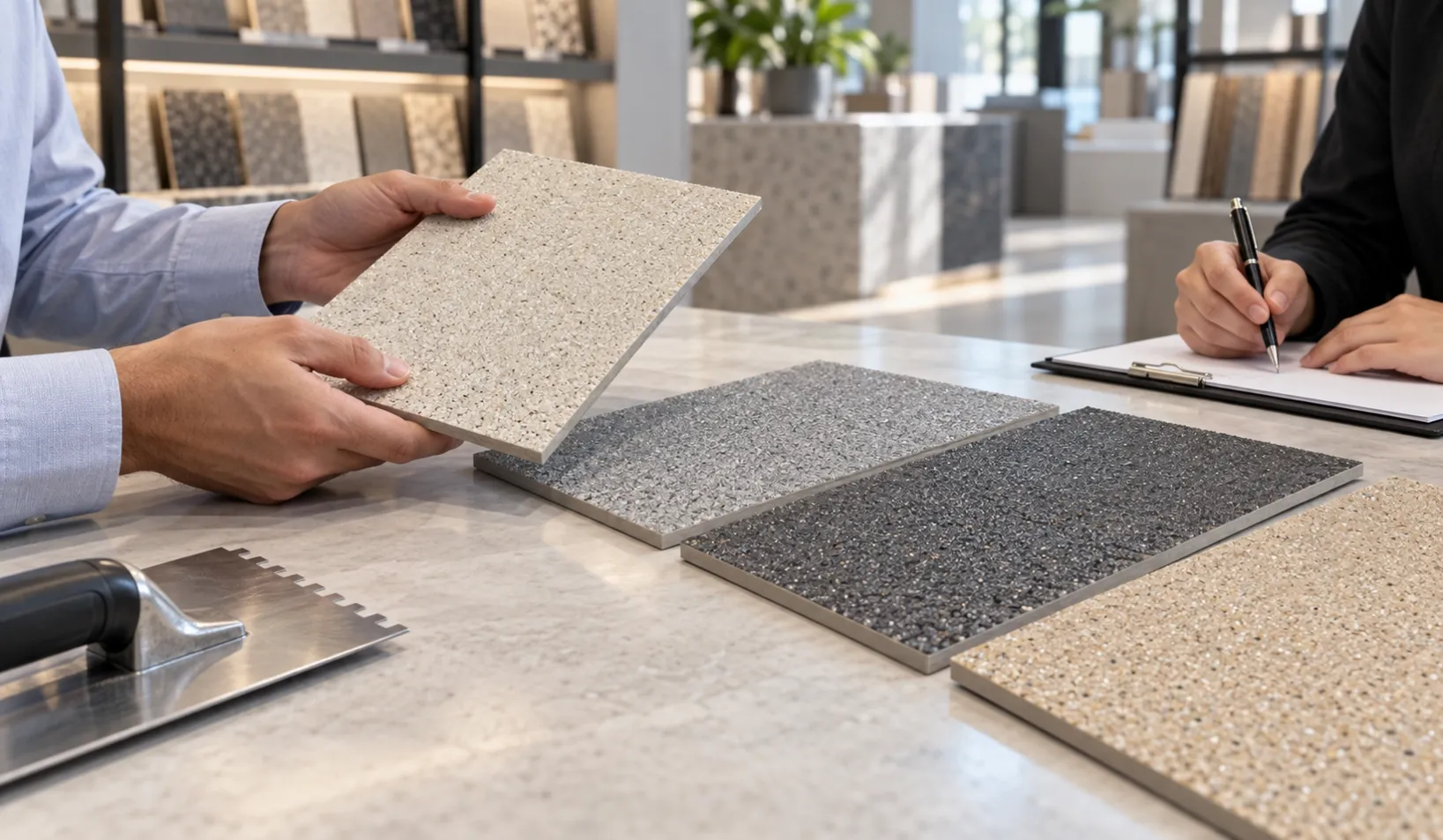 Buyers comparing epoxy color sand flooring samples in beige, gray and charcoal before a wholesale order.