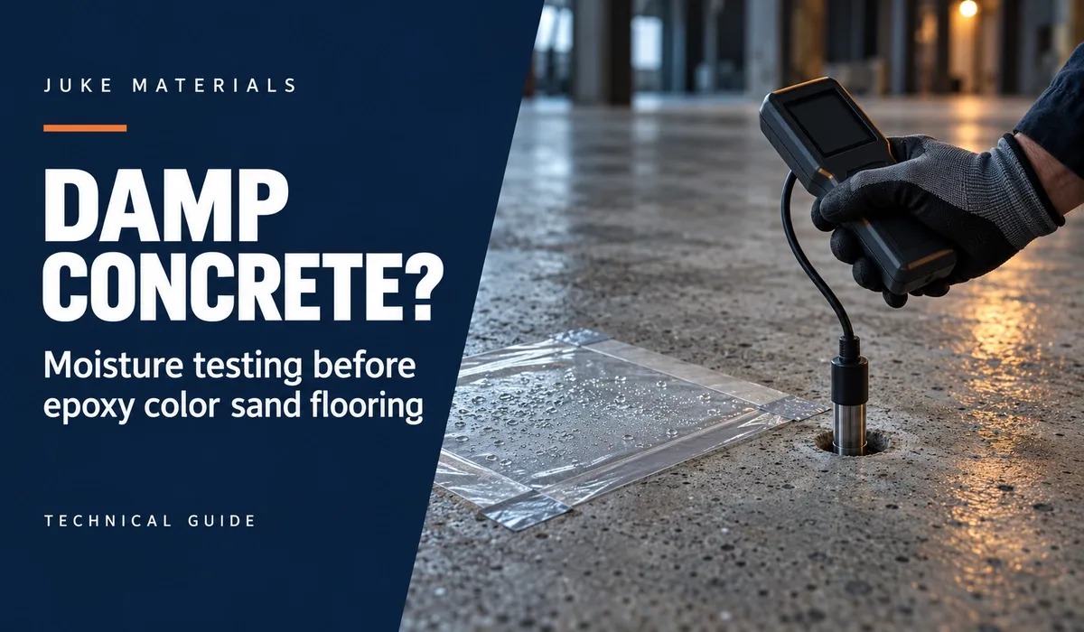 JUKE Materials cover showing a technician checking moisture on a concrete slab before epoxy color sand flooring is applied.