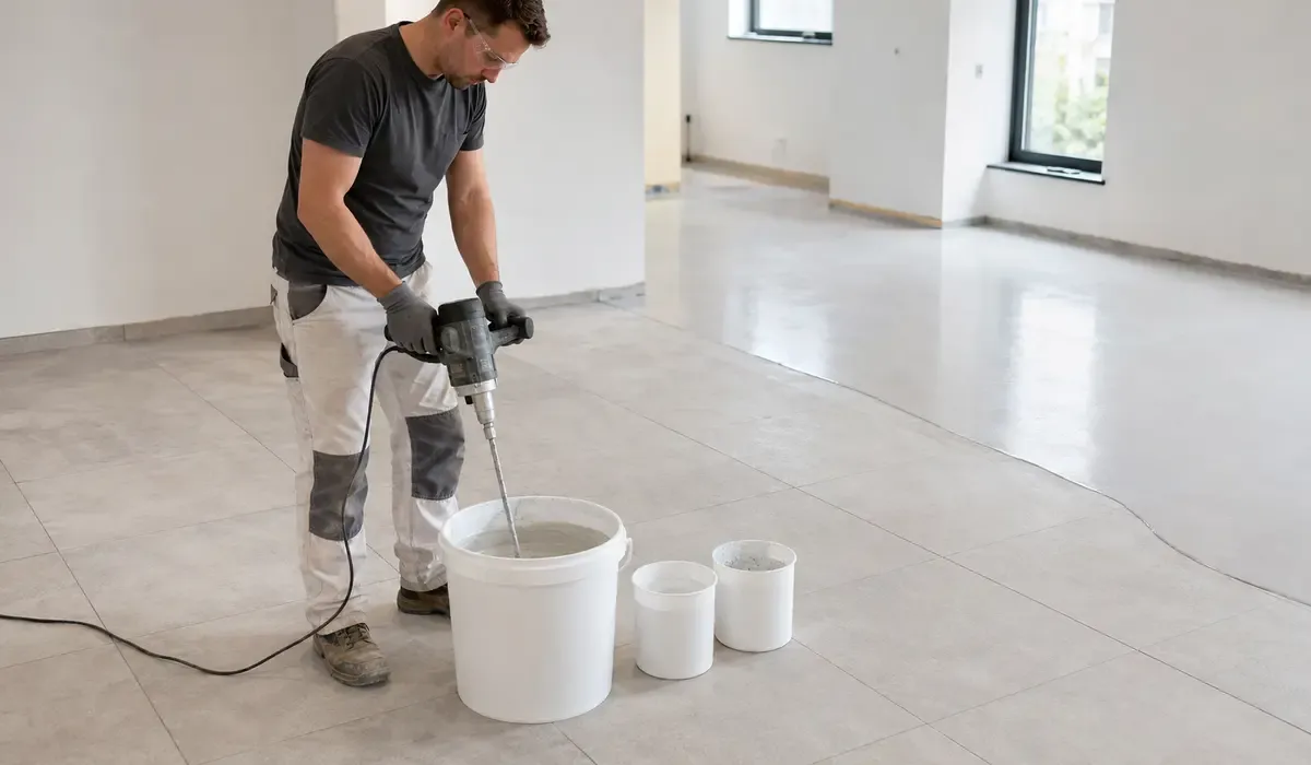 Professional installer mixing factory-matched epoxy color sand flooring components with an electric paddle mixer on existing tiles.