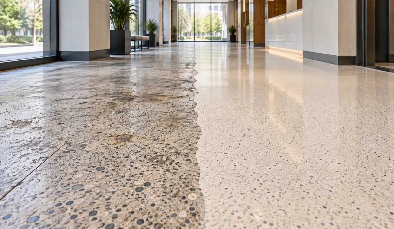 Before-and-after terrazzo floor renovation in a commercial lobby using seamless epoxy color sand