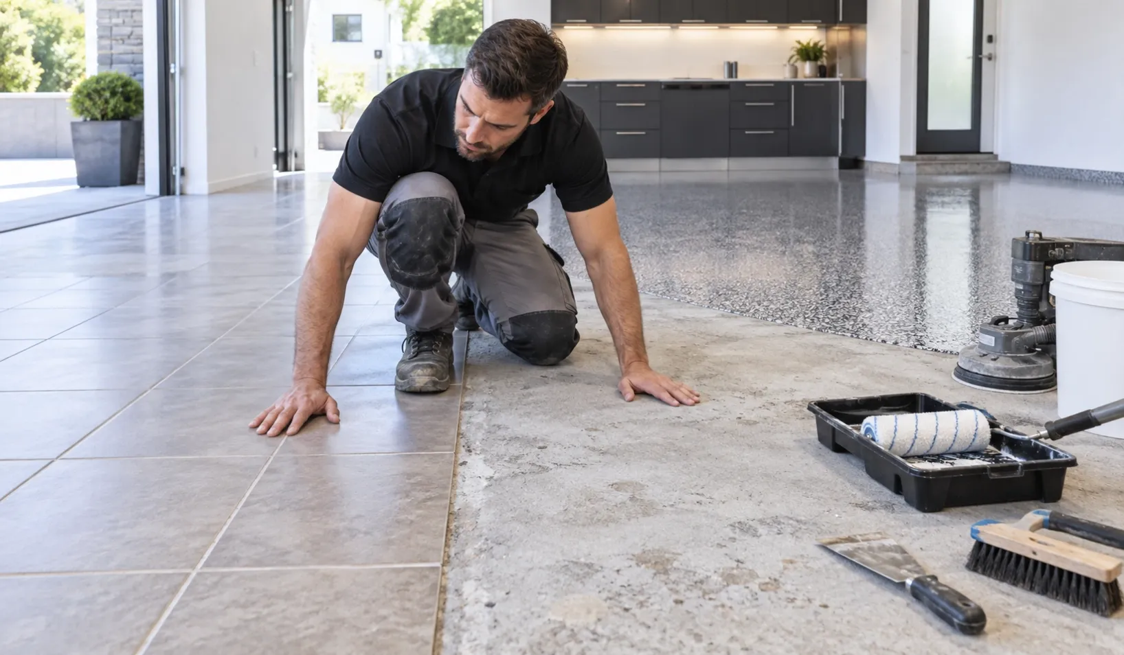 Worker inspecting tile and concrete substrates before applying epoxy color sand flooring in a modern interior space
