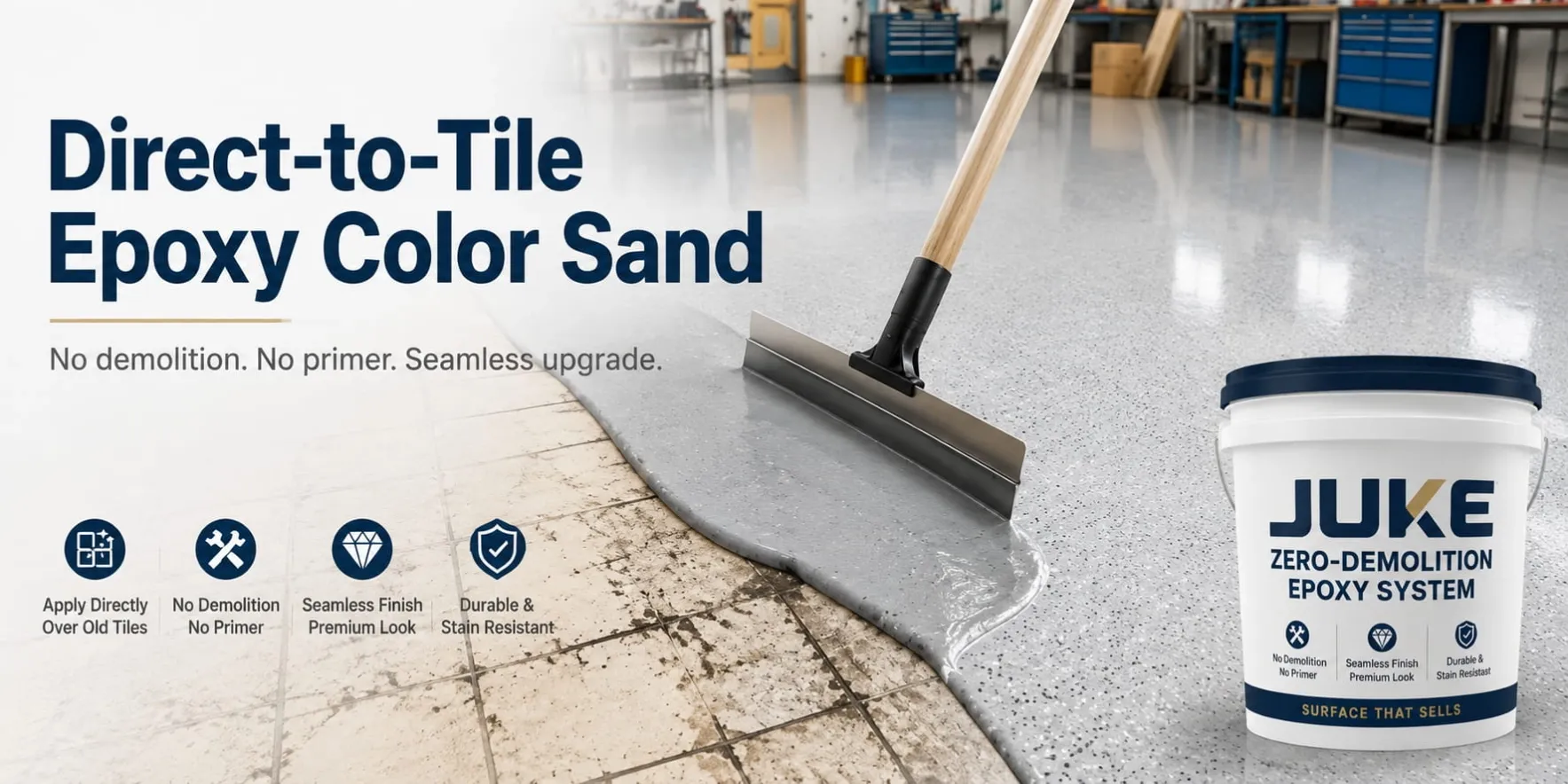 JUKE zero-demolition epoxy flooring applied directly over existing tile