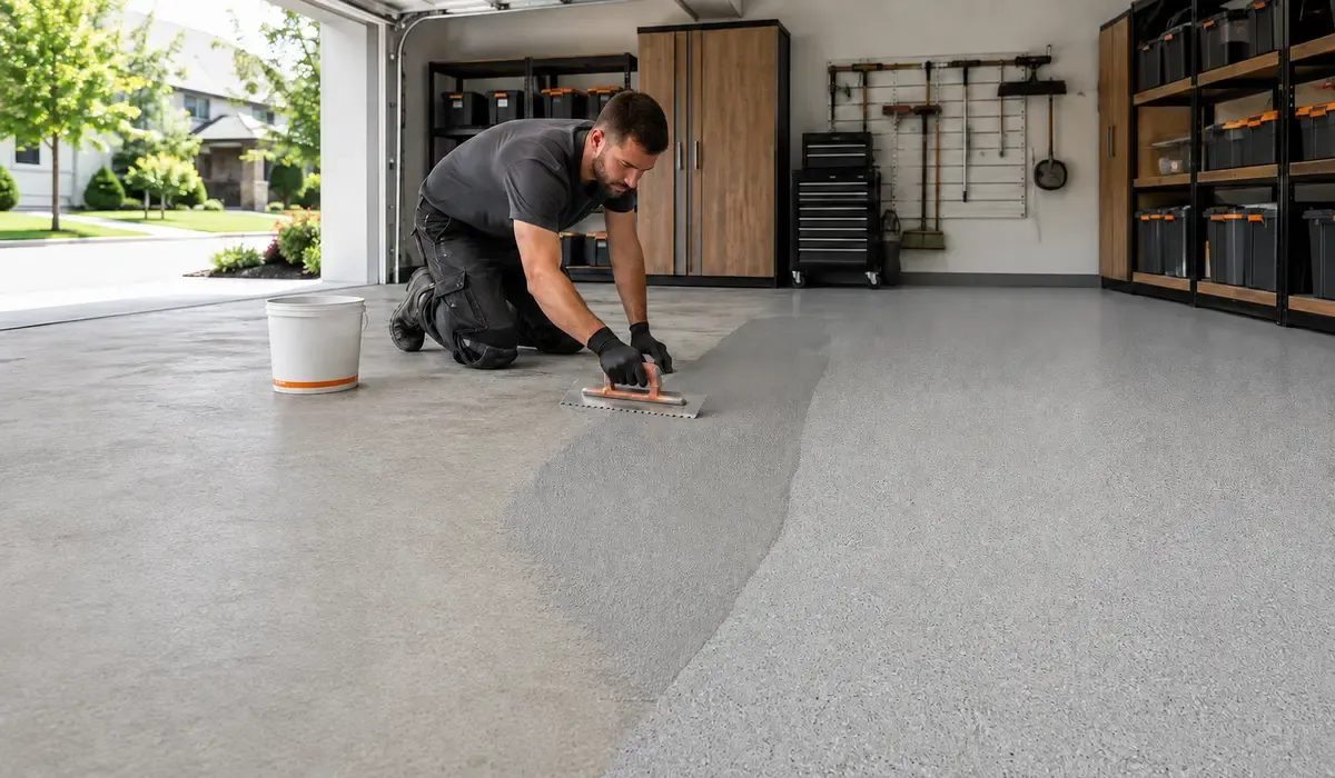 Concrete garage floor resurfaced with self-leveling epoxy colored sand without demolition