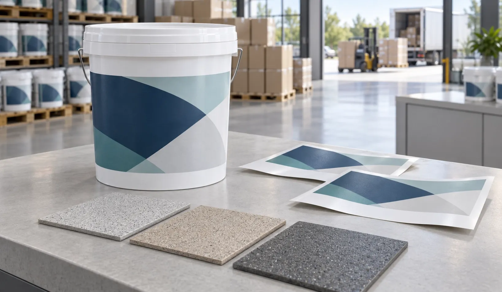 White flooring bucket with a custom label design, matching label proofs, and epoxy color sand samples in a warehouse setting.