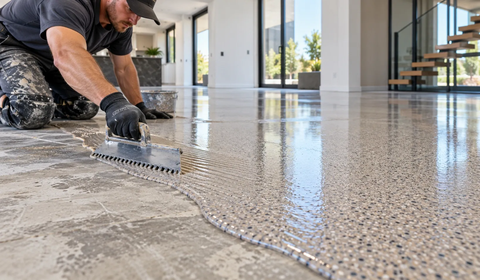 Installer applying epoxy color sand self-leveling flooring at a controlled 1.8–2.0 mm thickness over a prepared floor