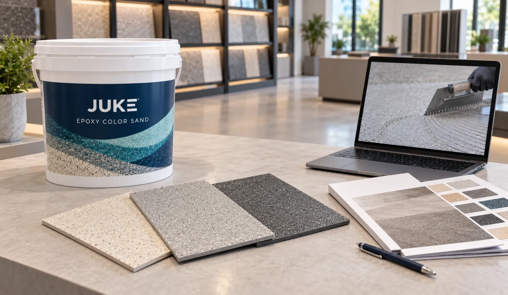 White JUKE bucket, flooring samples, product brochures, and a laptop displaying an application video.