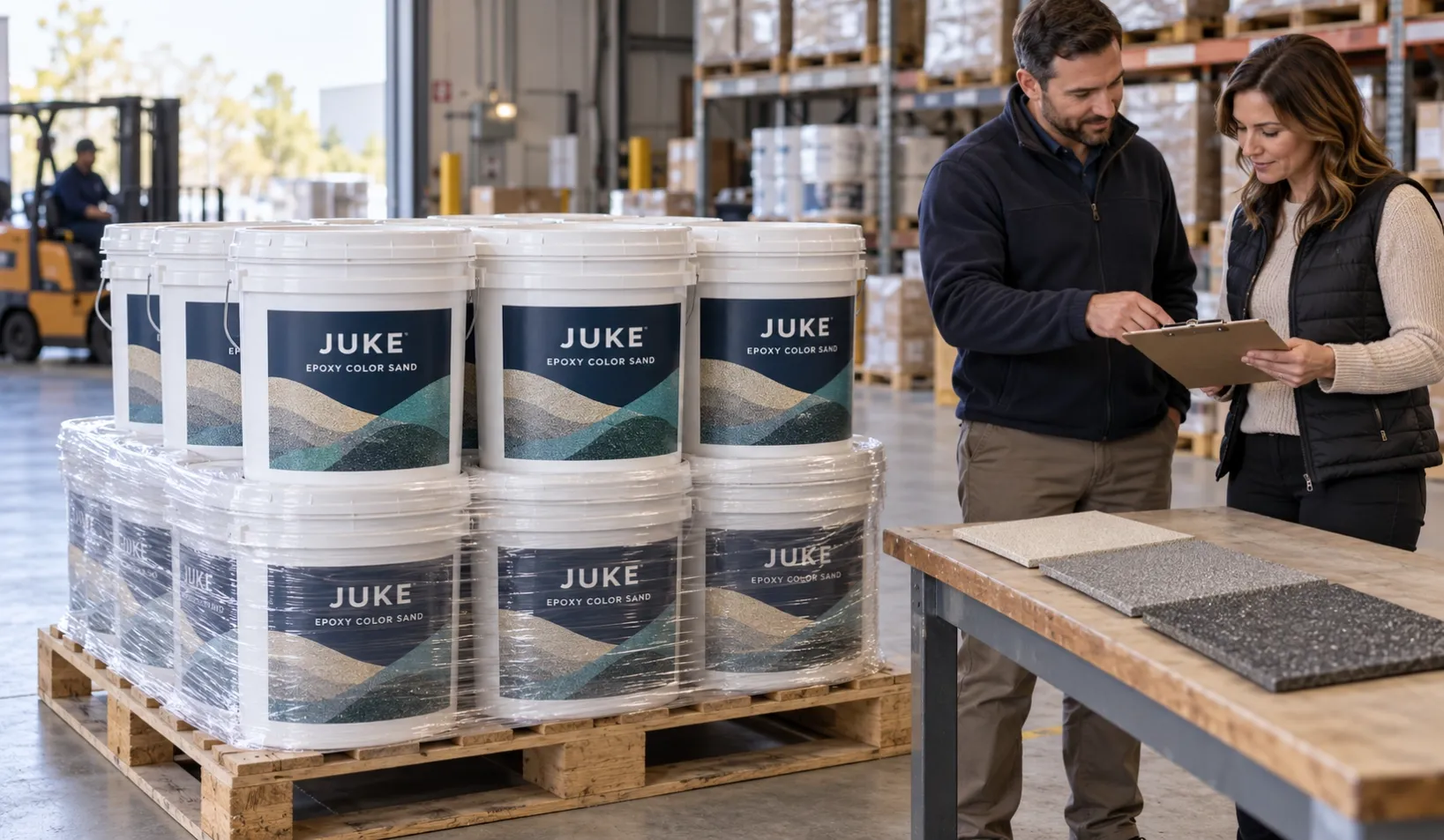 Trade buyers reviewing an order beside a pallet of white JUKE epoxy color sand buckets and flooring samples.