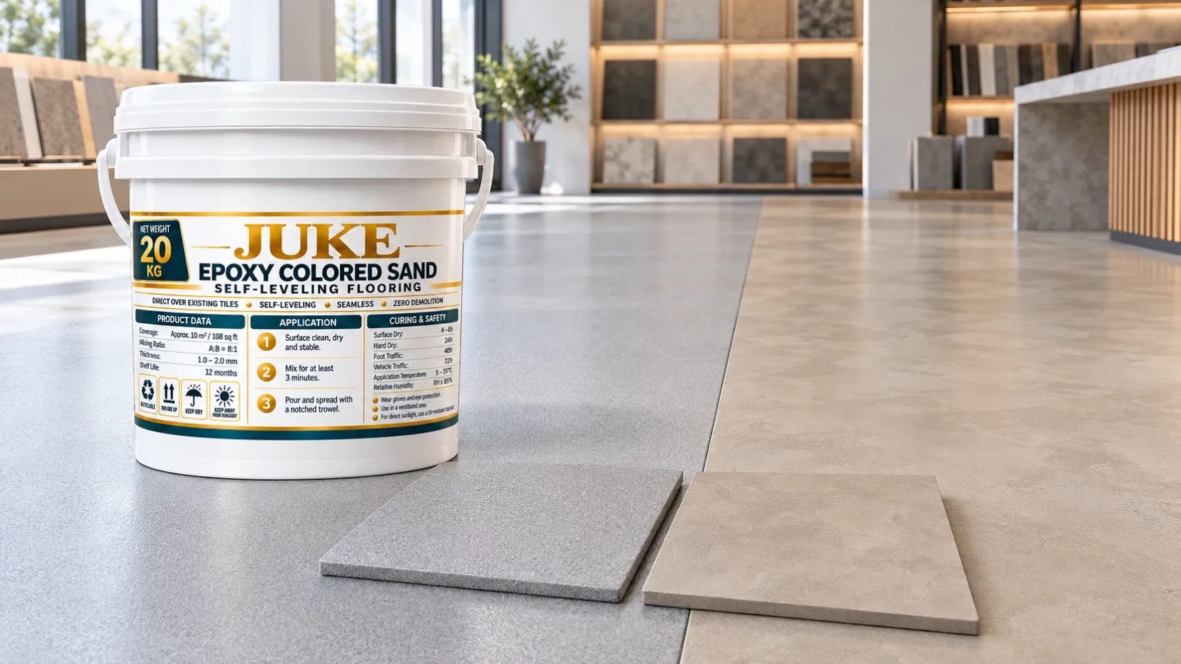 JUKE epoxy colored sand bucket with epoxy and microcement finish samples in a flooring showroom.