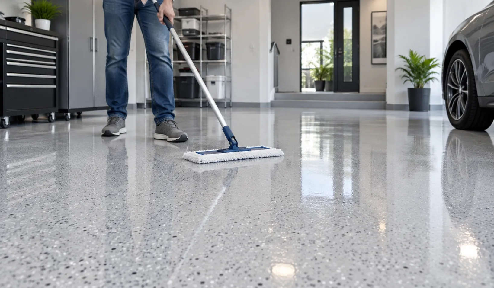 Person cleaning a seamless epoxy color sand floor with a mop in a modern garage