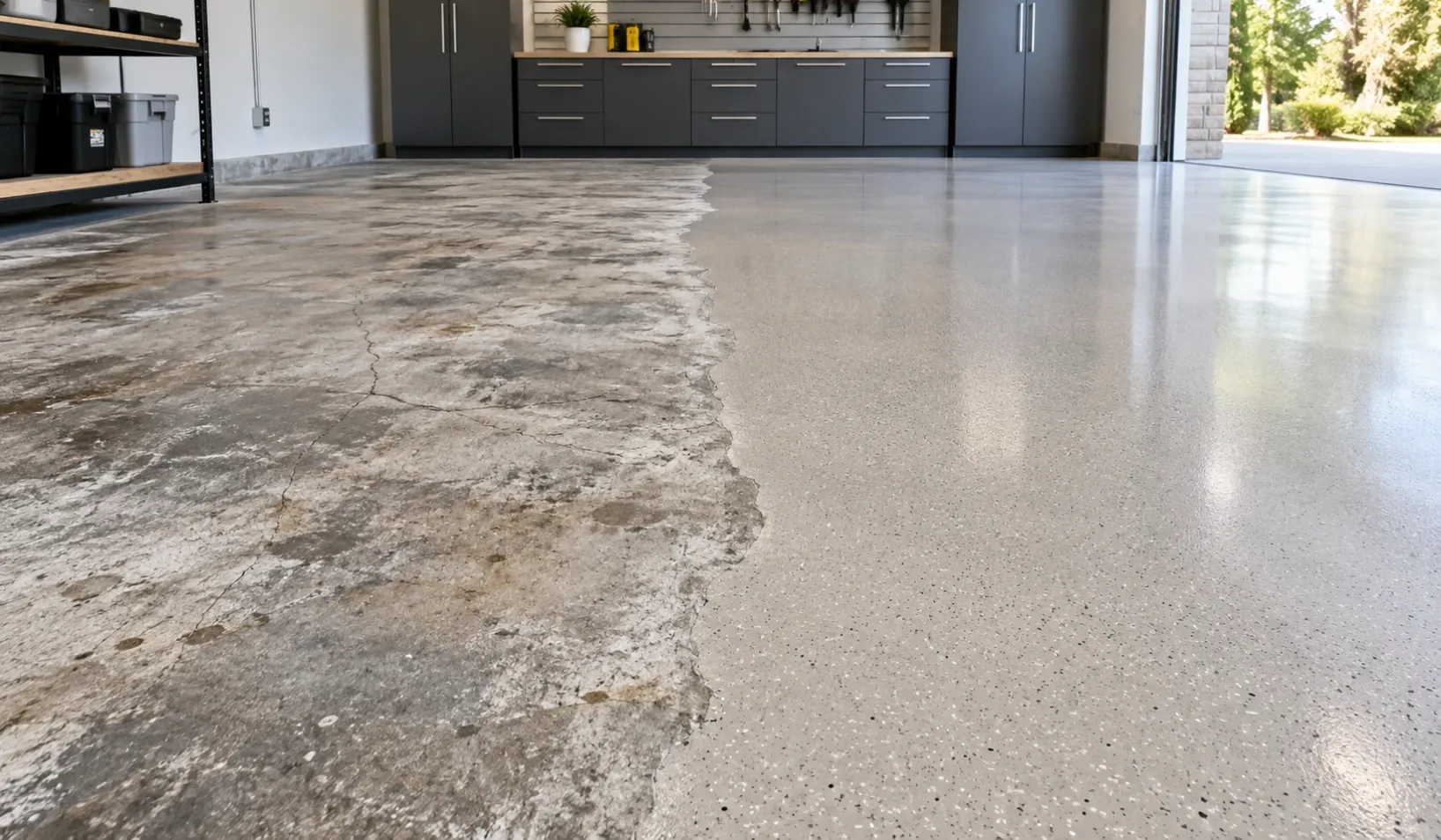 Before-and-after concrete floor renovation using seamless epoxy color sand self-leveling flooring