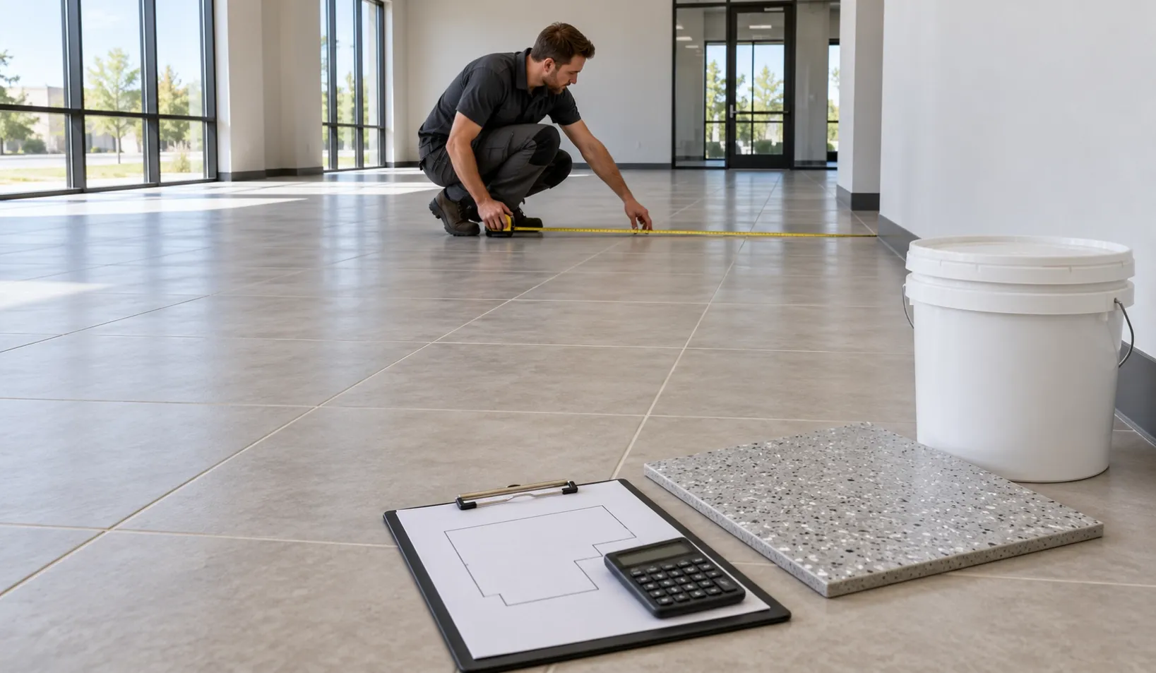 Contractor measuring a tiled floor beside a white bucket, flooring sample, floor plan, and calculator.