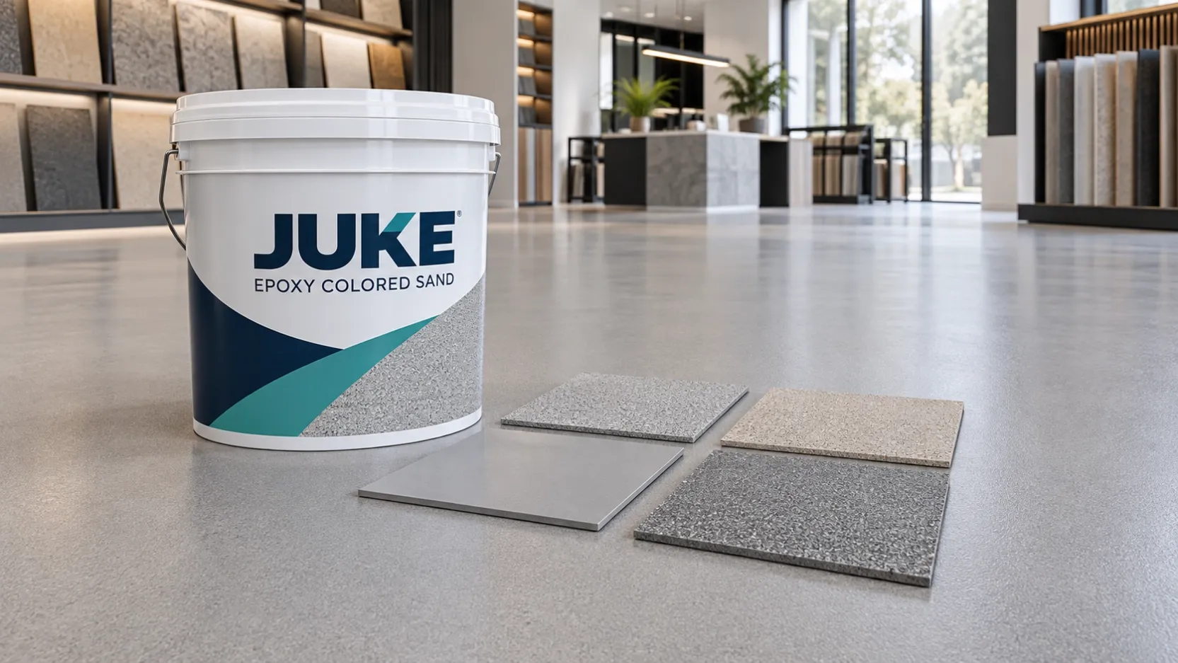 JUKE epoxy colored sand bucket and decorative flooring samples in a professional showroom.