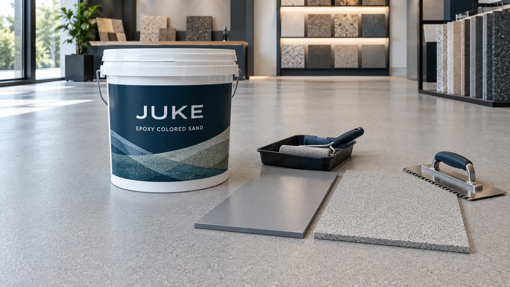 JUKE epoxy colored sand bucket beside smooth floor paint and mineral finish samples, with a paint roller and notched trowel.