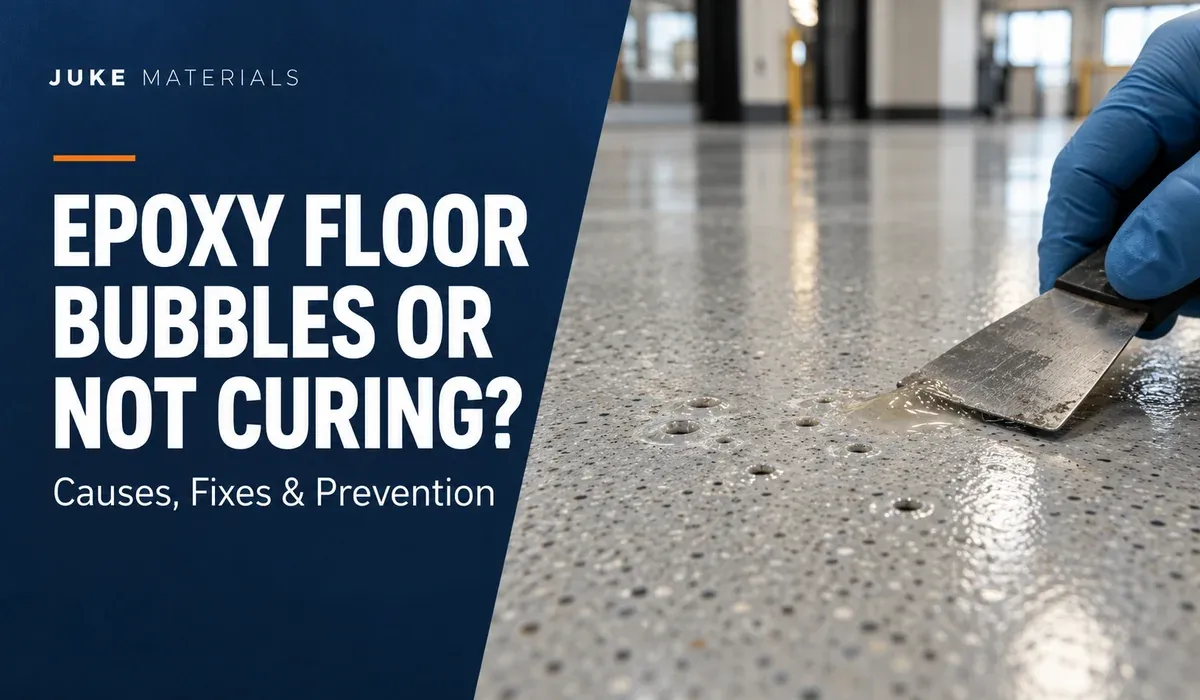 Epoxy floor bubbles and uncured patches inspected by a technician — JUKE Materials