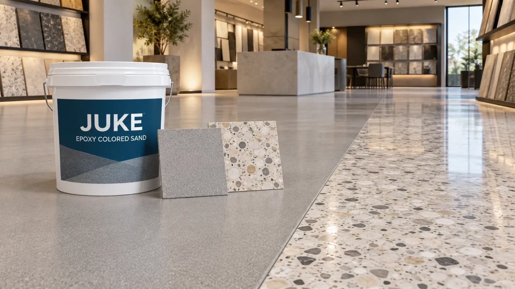 JUKE epoxy colored sand flooring beside polished terrazzo, with a product bucket and finish samples in a showroom.
