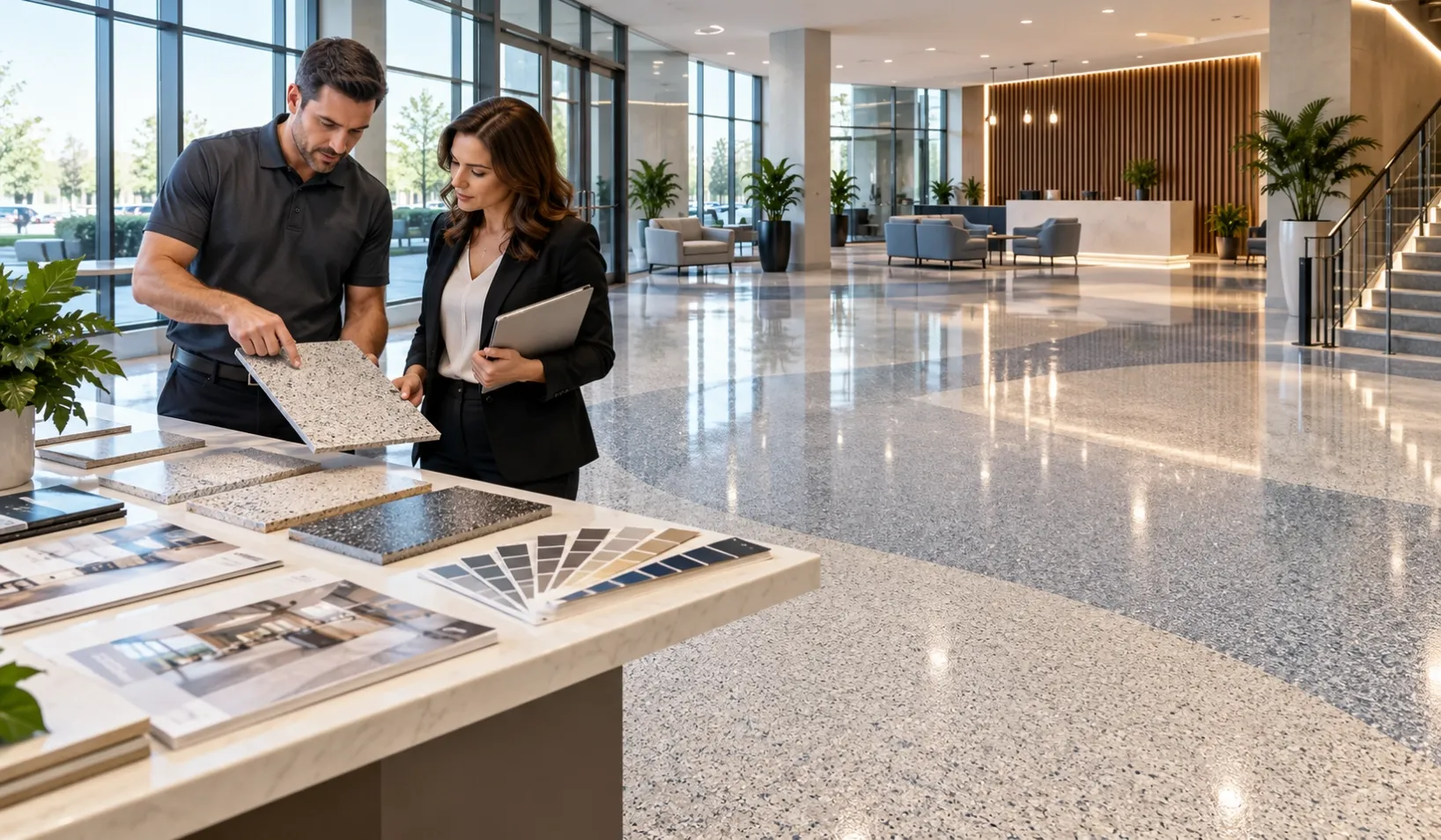 Flooring professionals reviewing epoxy color sand samples in a modern commercial interior with a seamless decorative floor