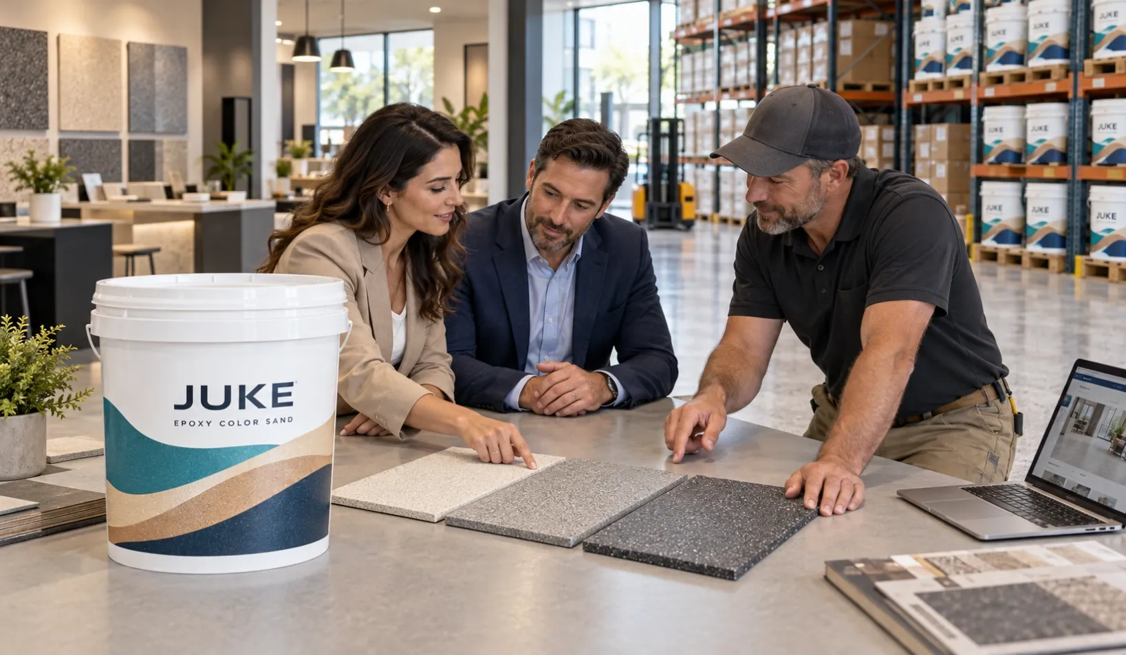 Trade buyers reviewing epoxy color sand samples beside a white JUKE bucket in a flooring showroom.