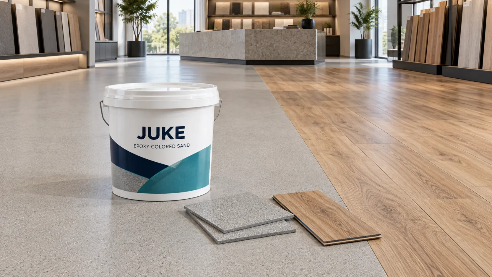 JUKE epoxy colored sand flooring and wood-look vinyl flooring displayed side by side in a flooring showroom.