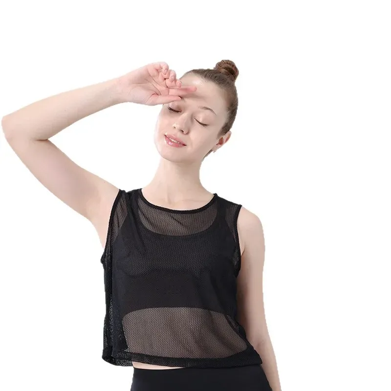 new summer mesh yoga clothing tops blouse women's sleeveless vest quick-drying breathable - detail view 2