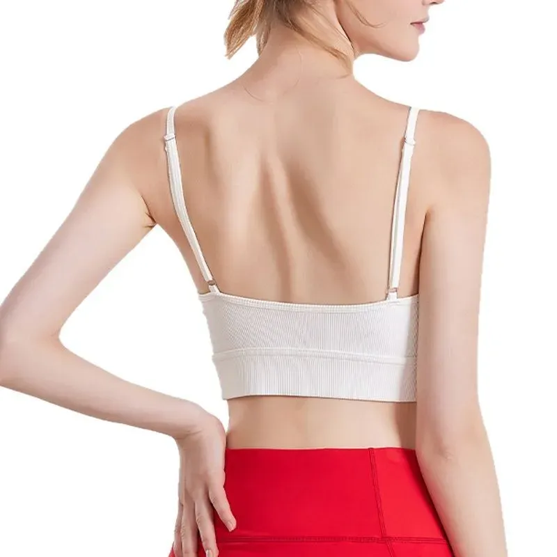 sports bra, women's nude yoga suit, vest with thin shoulder straps, wearing Pilates - detail view 3