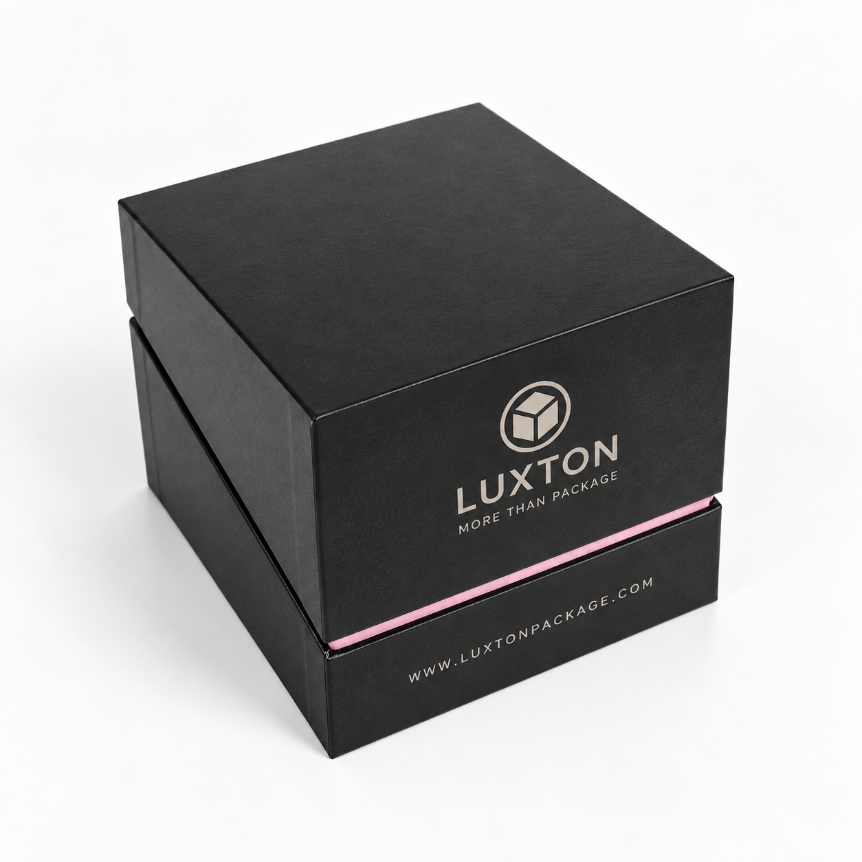 Closed black candle gift box with pink printed logo and accent detail
