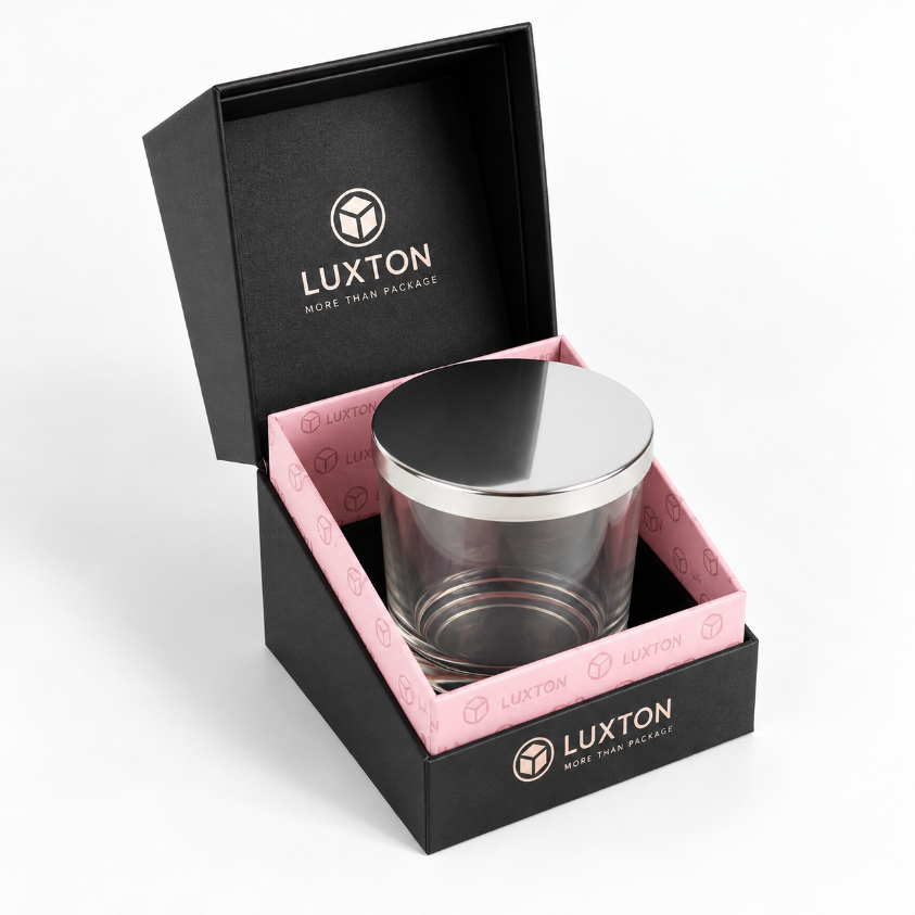 Open rigid candle box with custom insert holding glass jar candle