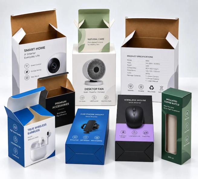 Custom printed paperboard folding cartons for earbuds, computer mouse, fan and electronic accessories