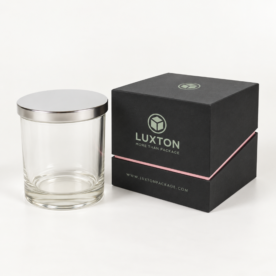 Black custom candle packaging box beside clear glass candle jar