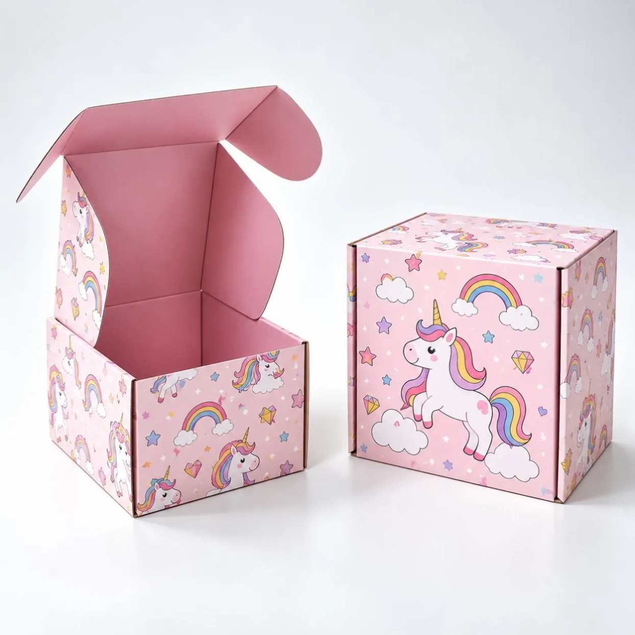 Open and closed pink one-piece folding packaging box with printed graphics