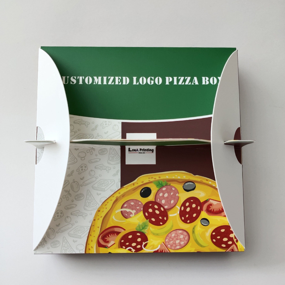 custom printed pizza box showing folding side panels and locking structure