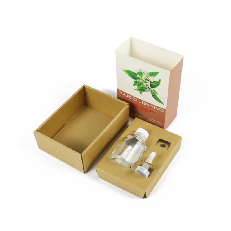 Disassembled kraft perfume packaging box with bottle insert and printed outer sleeve