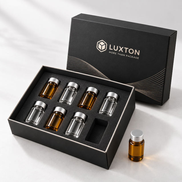 Custom black rigid vial box with EVA foam insert holding multiple glass vials