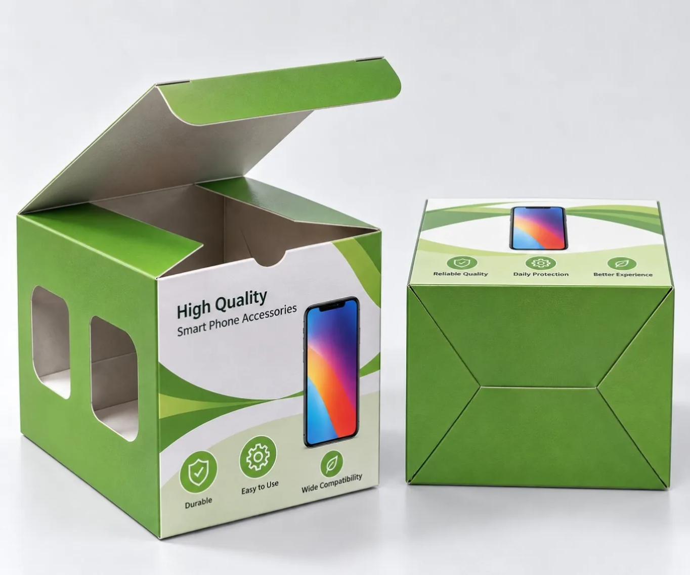 Retail packaging box for phone accessories with auto-lock base structure