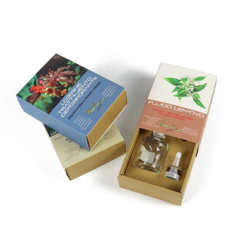 Sliding fragrance packaging boxes with fitted kraft insert for glass bottle and dropper