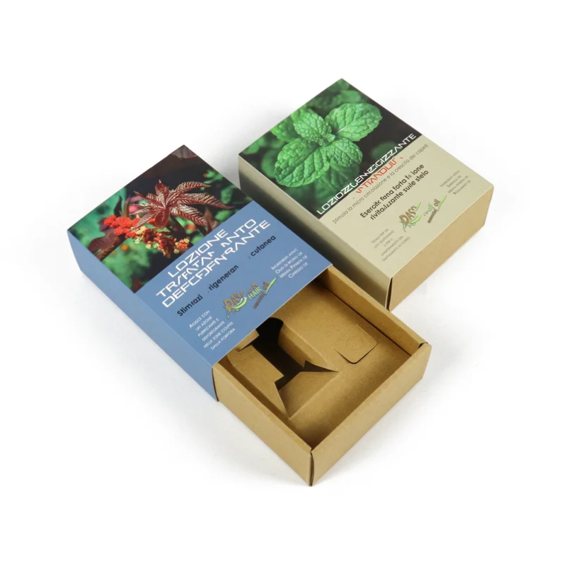 Printed perfume drawer boxes with natural kraft paperboard trays and custom paper inserts