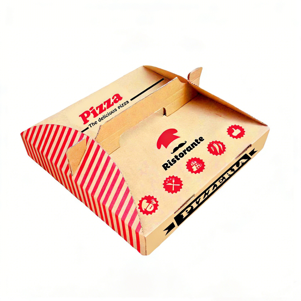 Kraft-style printed pizza takeaway box with folding lid and side tabs