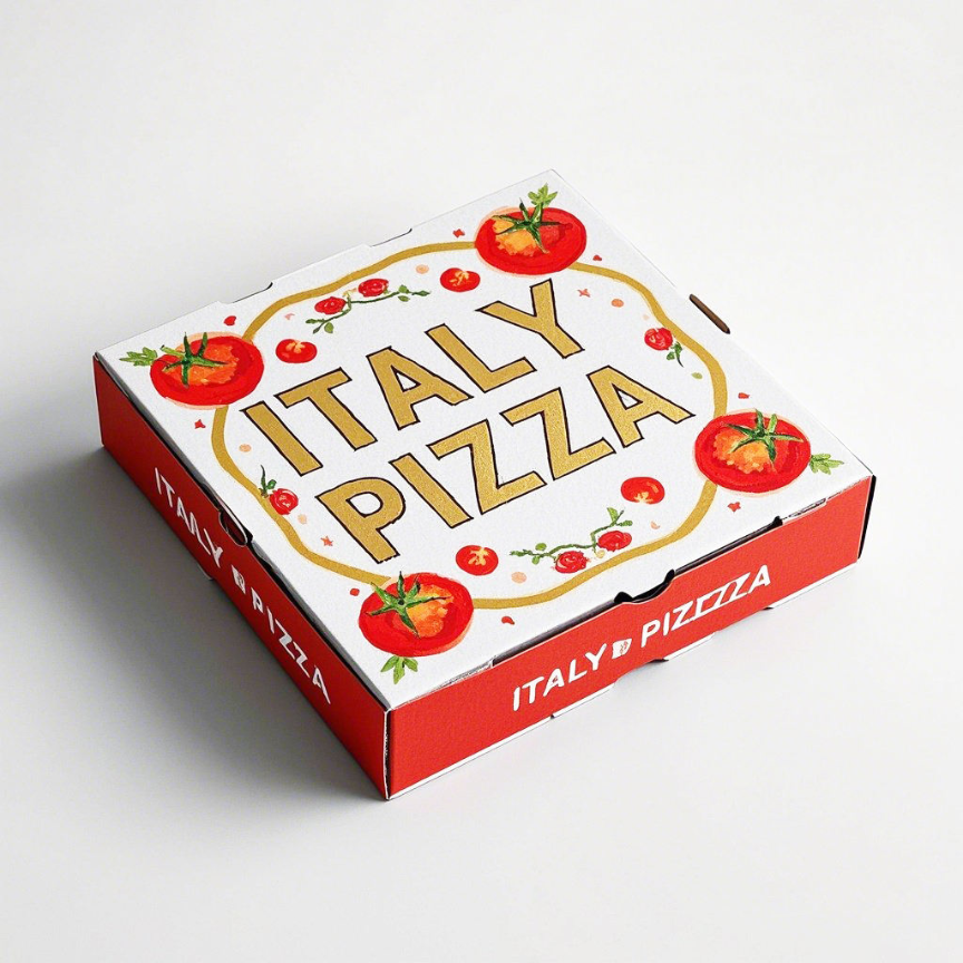 White and red custom pizza packaging box with illustrated tomato graphics