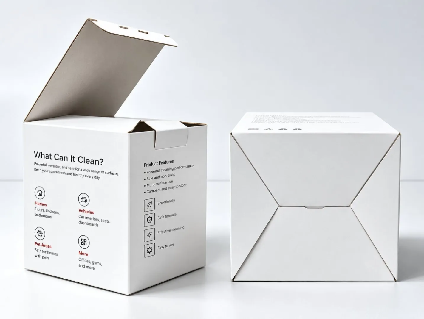 White printed folding carton shown open with secure paperboard closure structure