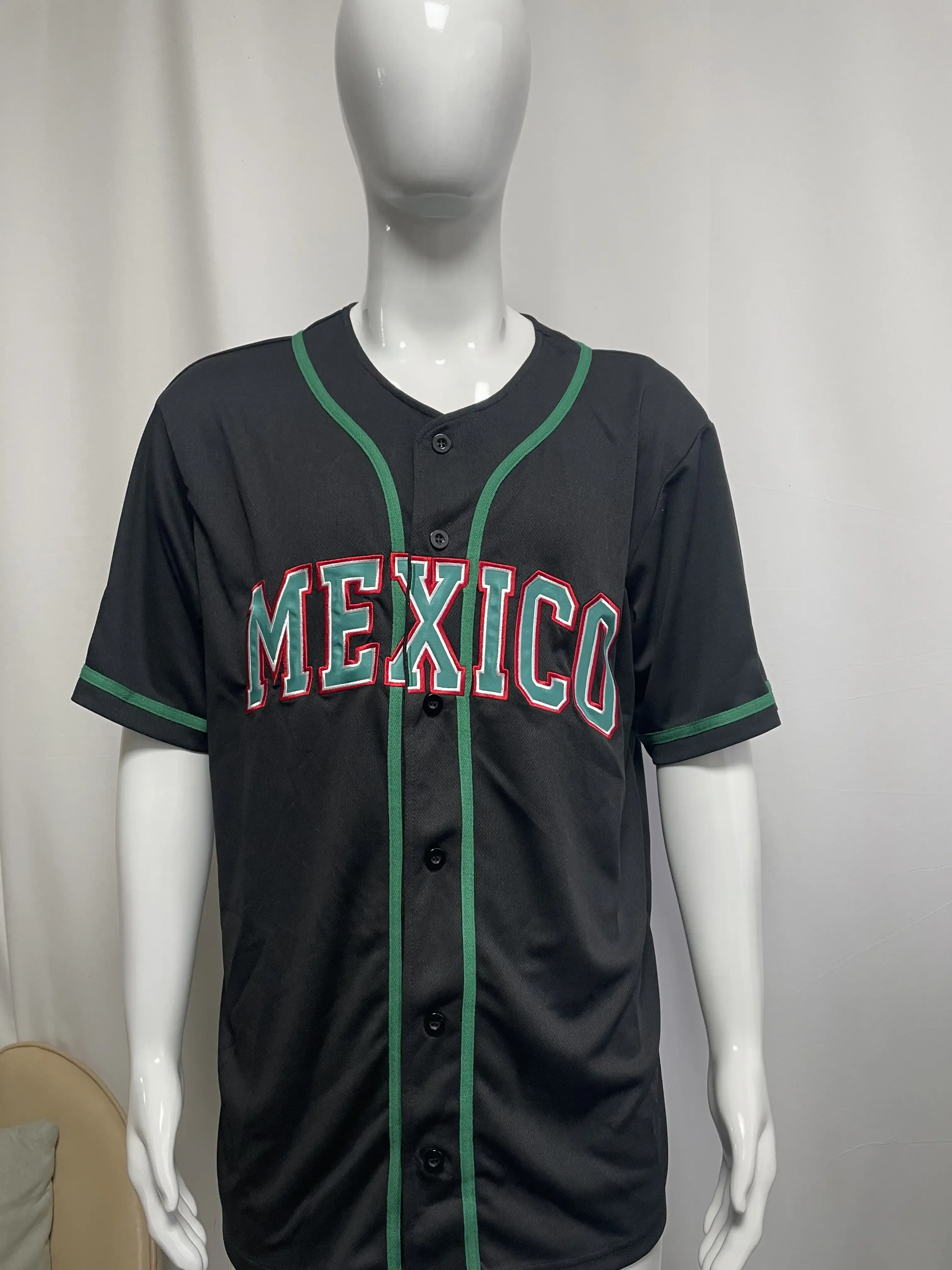Custom embroidered MEXICO baseball jersey on a mannequin, full front view