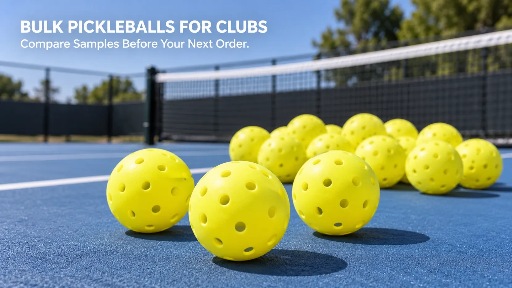 Bulk yellow pickleballs on a blue court for club supply and sample evaluation