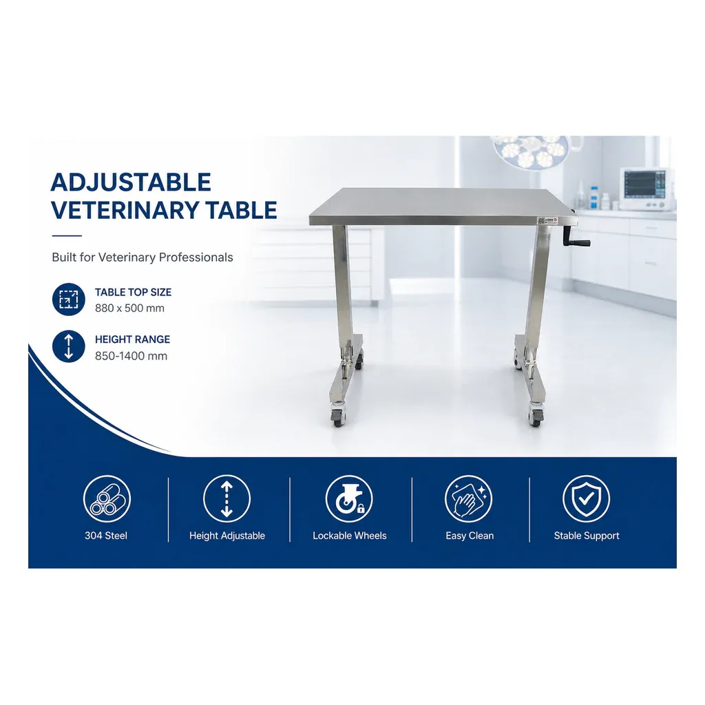 VTSCZ-08 adjustable veterinary table with 880 x 500 mm top and 850-1400 mm height range