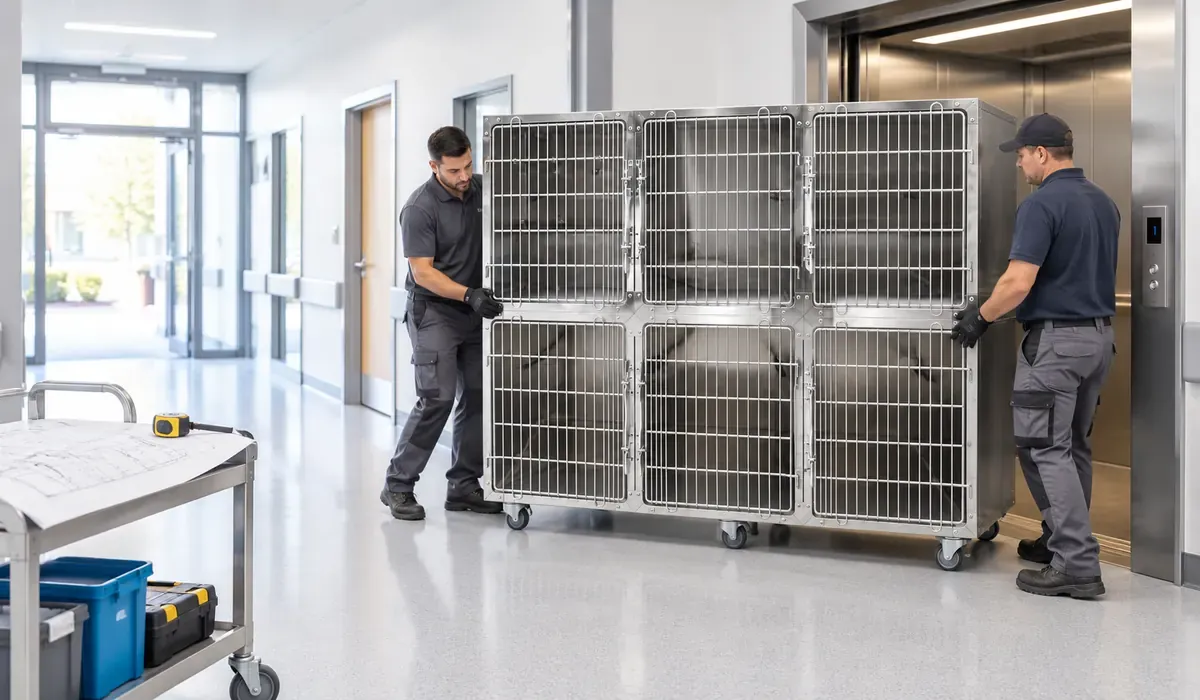 VTSC-C06 six-door stainless-steel veterinary cage bank in an illustrative AI-generated clinic delivery scene with installers, a lift and access-route plans.