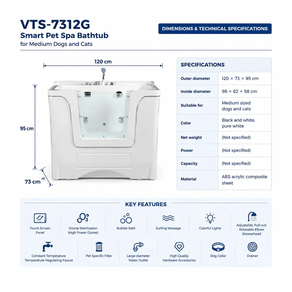 VTS-7312G smart pet spa bathtub dimensions and technical specifications